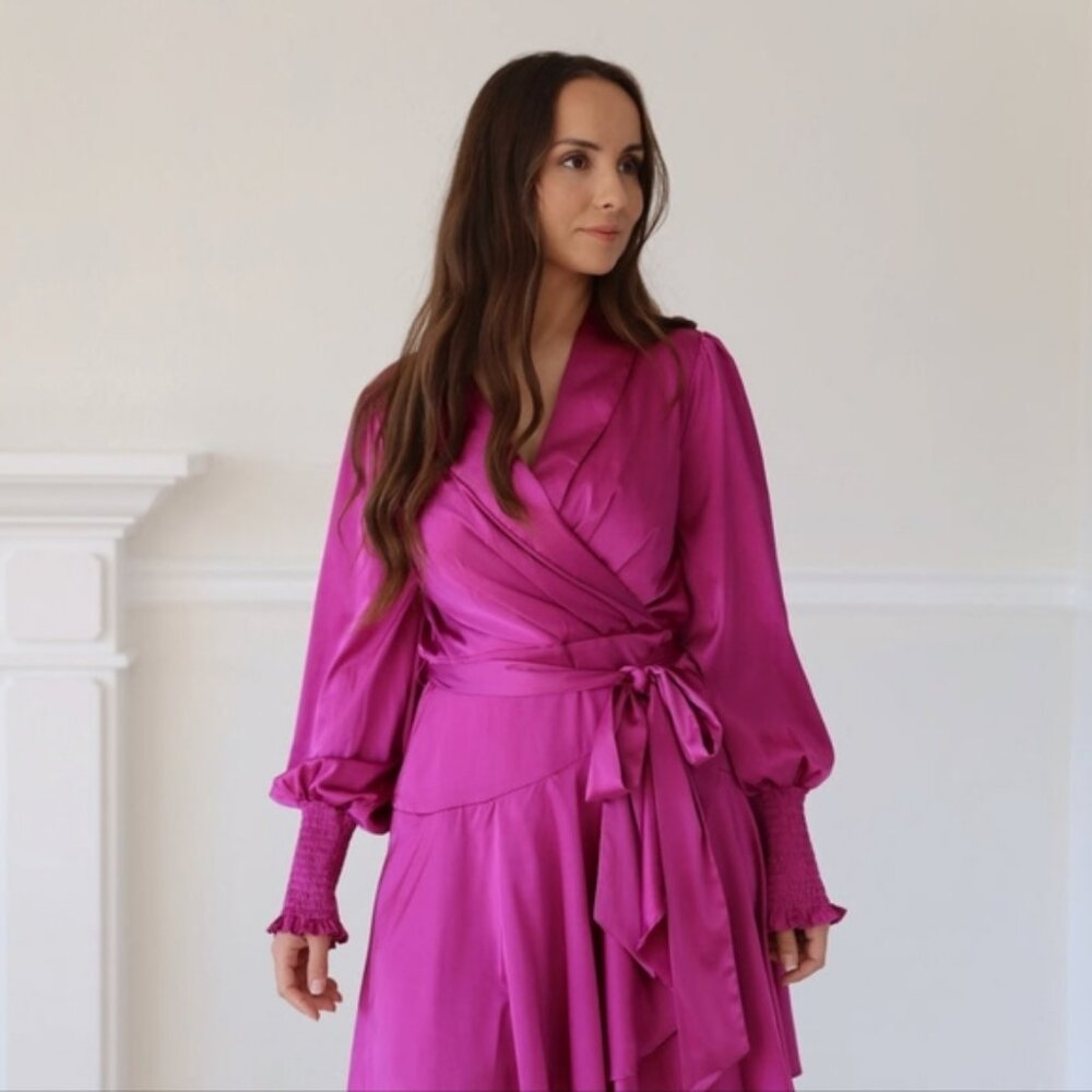 NWT Fate Magenta Satin Wrap Mini Dress Size XS, S